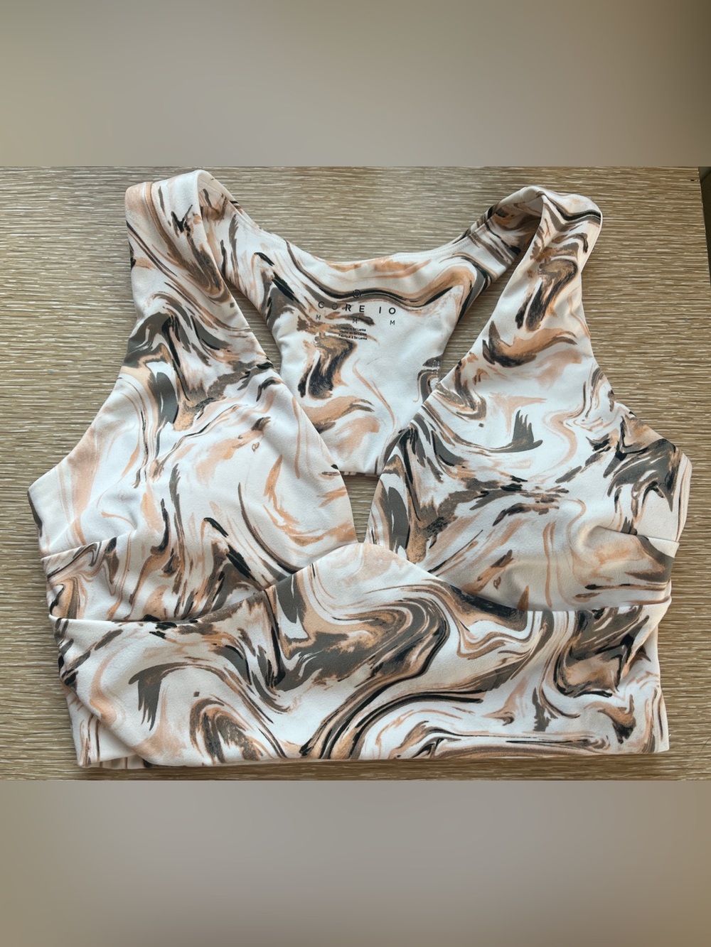 Core IO Marble Print V-Neck Sports Bra Crop Top - White, Brown, Peach & Black